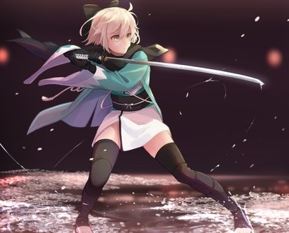 Обои на рабочий стол Девушка с катаной в боевой стойке из аниме и игры Fate Grand Order / Судьба Великий приказ