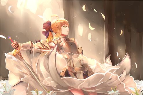 Обои на рабочий стол Saber / Сабер в доспехах с мечом из аниме Fate / stay night / Судьба: Ночь Прибытия