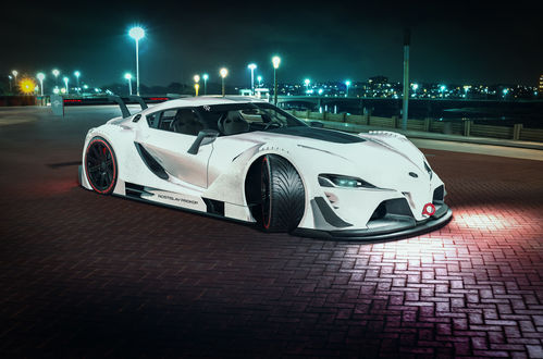 Обои на рабочий стол Бело-черный спортивный автомобиль Toyota Supra 2018 на окраине ночного города, by Rostislav Prokop