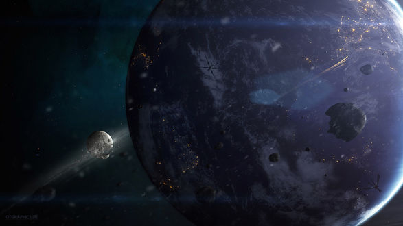 Обои на рабочий стол Планета на фоне летящих метеоритов, космических станций и разрушающейся маленькой планетой, by Tobias Roetsch & GTGRAPHICS