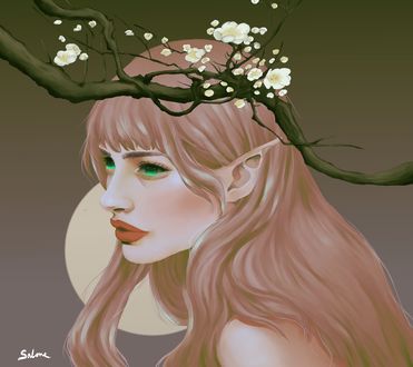Обои на рабочий стол Девушка-эльф стоит у цветущей ветки, by s i salome dcsddcr