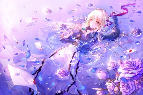 Обои Violet Evergarden / Вайолет Эвергарден лежит а воде среди писем и роз из аниме Violet Evergarden