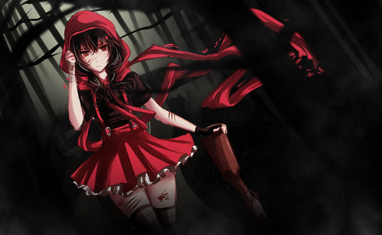 Обои на рабочий стол Руби Роуз / Ruby Rose из американского аниме RWBY в красном платье, испачканная кровью, шагает в темном лесу с оружием