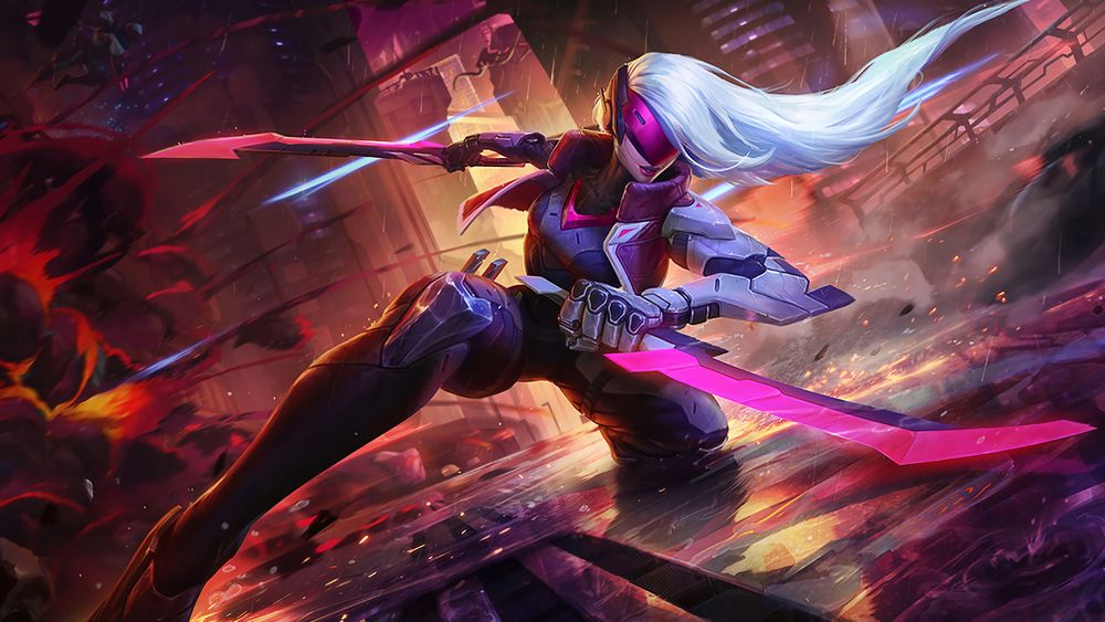 Обои для рабочего стола Katarina / Катарина с мечами в руках, из игры League of Legends / Лига Легенд, by Esben Lash Rasmussen