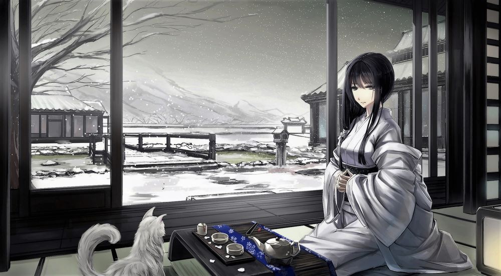 Обои для рабочего стола Девушка в кимоно и кошка вместе встречают зимнее утро