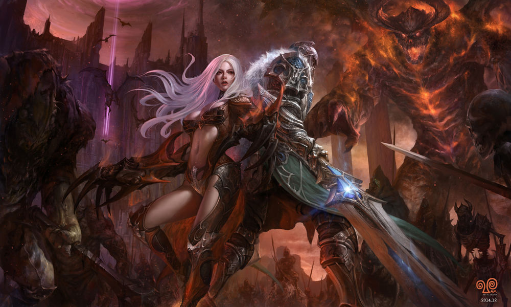 Обои для рабочего стола Воины:девушка и мужчина в битве с демонами и монстрами, арт к игре Dungeon Master, by Mansik Yang