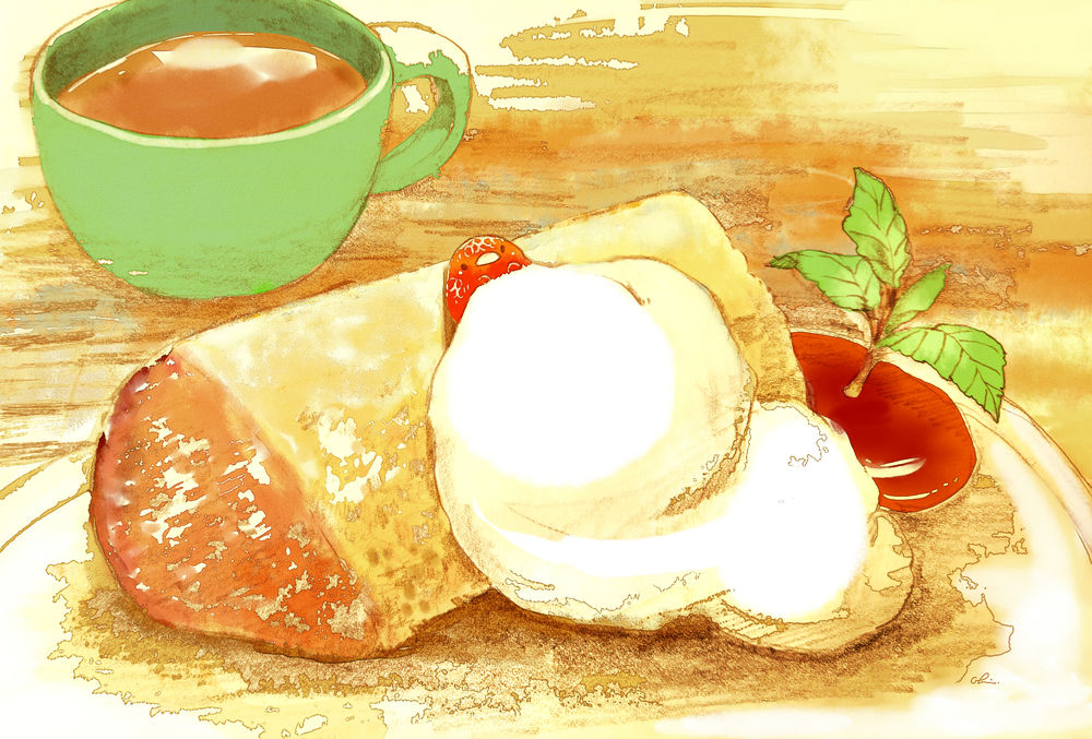 Обои для рабочего стола Птичка-клубничка лежит на вкусняшке, укрывшись кремом