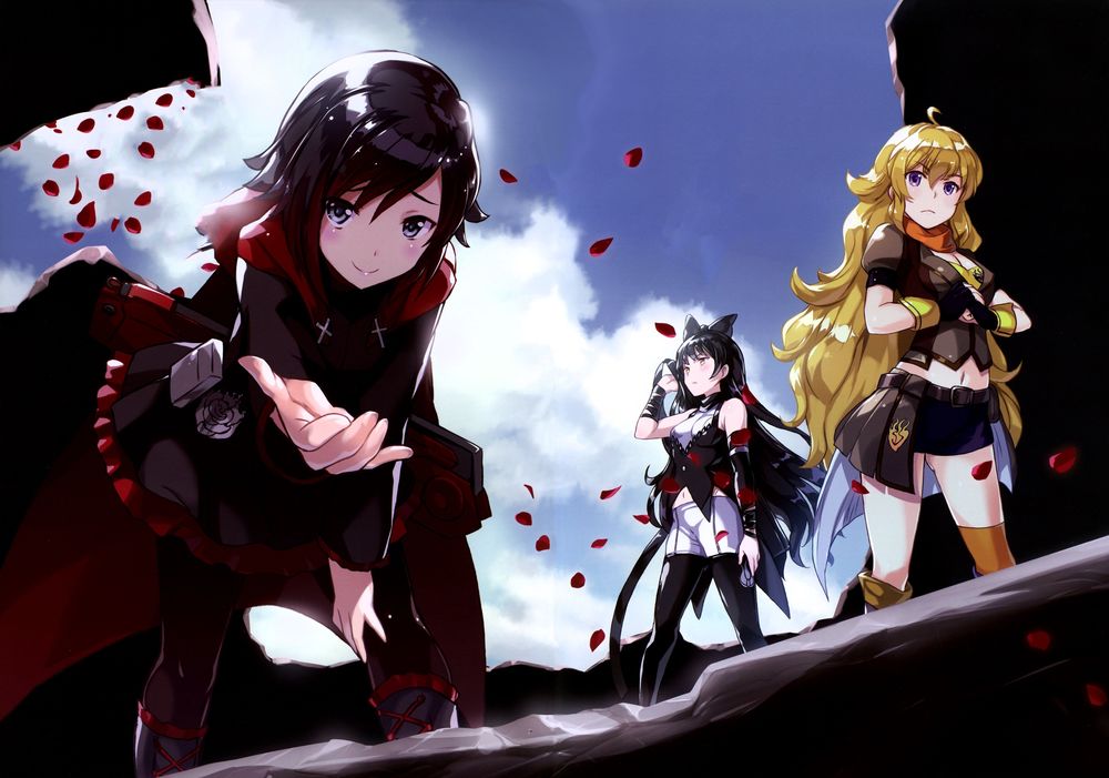 Обои для рабочего стола Ruby Rose / Руби Роуз протянула руку. Yang Xiao Long / Янь Сяо Лун и Blake Belladonna / Блейк Белладонна стоят чуть поодаль на фоне неба и летящих лепестков роз аниме RWBY / Красный, Белый, Черный, Желтый