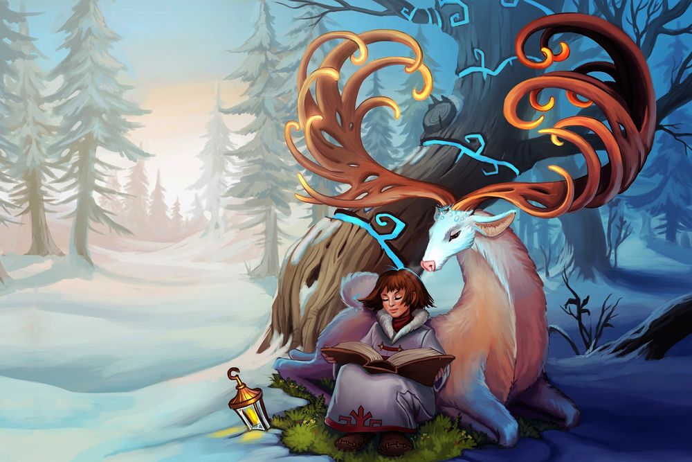 Обои для рабочего стола Девочка-эскимос в зимнем лесу читает книгу сидя рядом с оленем, by Alexandra Semushina