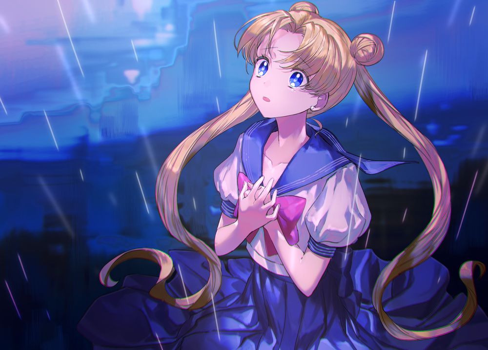 Обои для рабочего стола Sailor Moon / Сейлор Мун в слезах стоит под дождем, прижав руки к груди, из аниме Красавица-воин Сейлор Мун / Bishoujo Senshi Sailor Moon