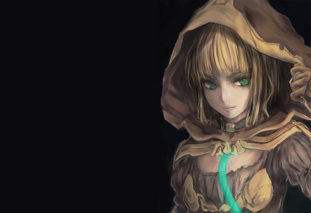 Обои для рабочего стола Gretel / Гретель в капюшоне на черном фоне из игры SINoALICE