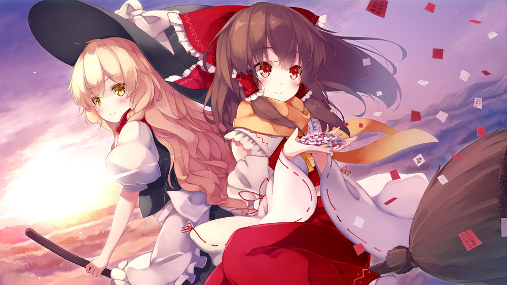Обои для рабочего стола Kirisame Marisa / Кирисаме Мариса и Hakurei Reimu / Хакурей Рейму летят на метле, персонажи из серии компьютерных игр Touhou Project / «Проект «Восток»», art by gengetsu chihiro