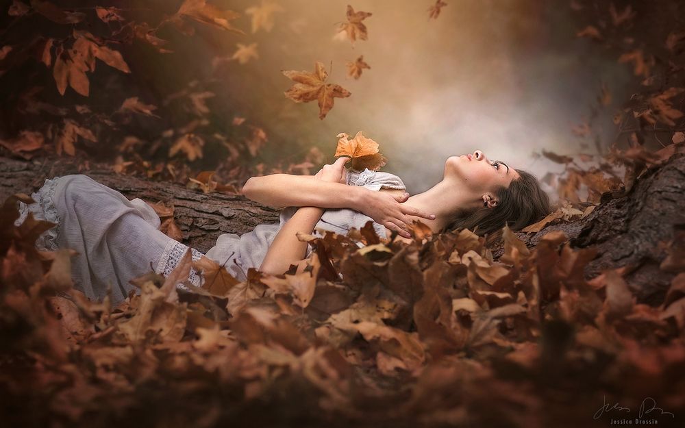 Обои для рабочего стола Девушка лежит в осенней листве, by Jessica Drossin