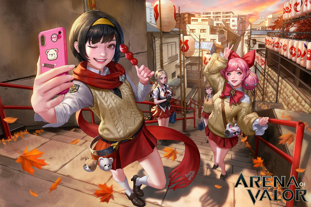 Обои для рабочего стола Девушки стоят на городской лестнице, арт к игре Arena of Valor / Арена Доблести, by dospi