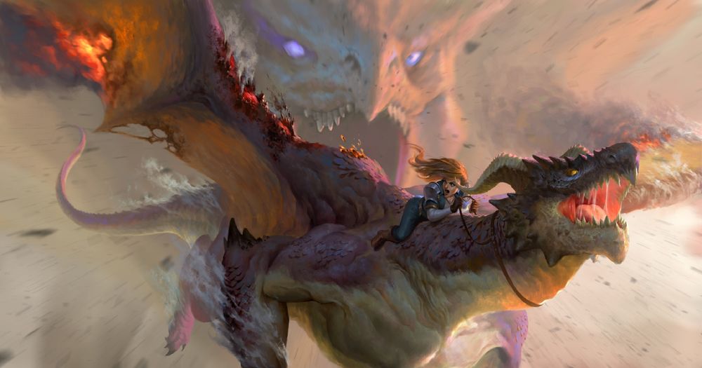 Обои для рабочего стола Девушка на драконе пытается улететь от огромного дракона, by Iqnatius Budi