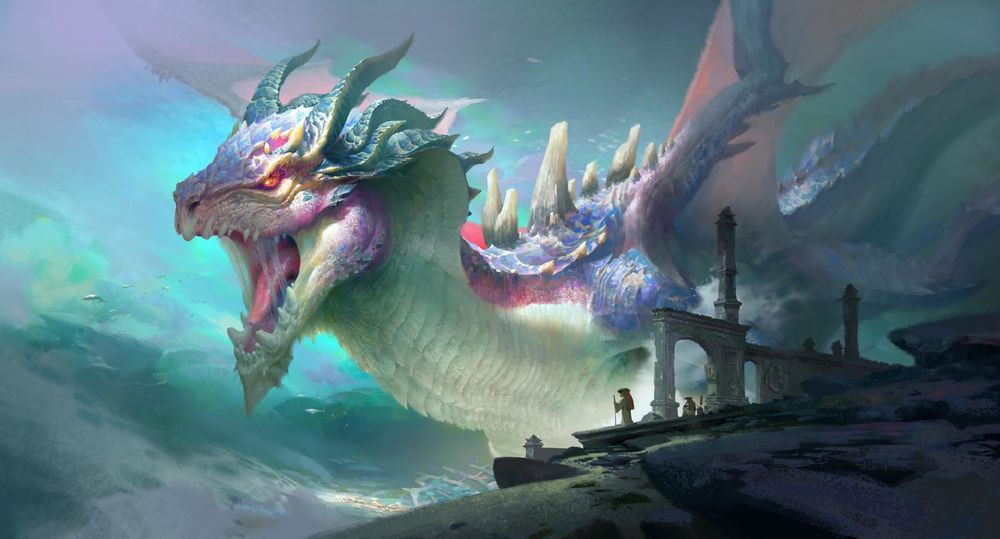 Обои для рабочего стола Паломники смотрят на плывущего под водой дракона, by Ya lun