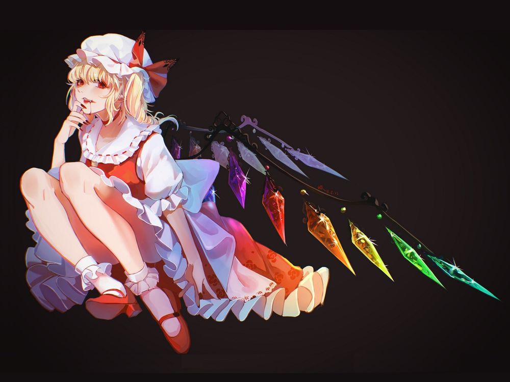 Обои для рабочего стола Flandre Scarlet / Фландре Скарлет сидит на черном фоне из серии компьютерных игр Touhou Project / Проект «Восток»