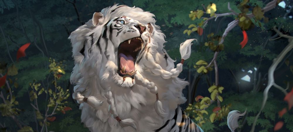 Обои для рабочего стола Белый лев с тигровыми полосами из игры Dragoborne, by Rudy Siswanto