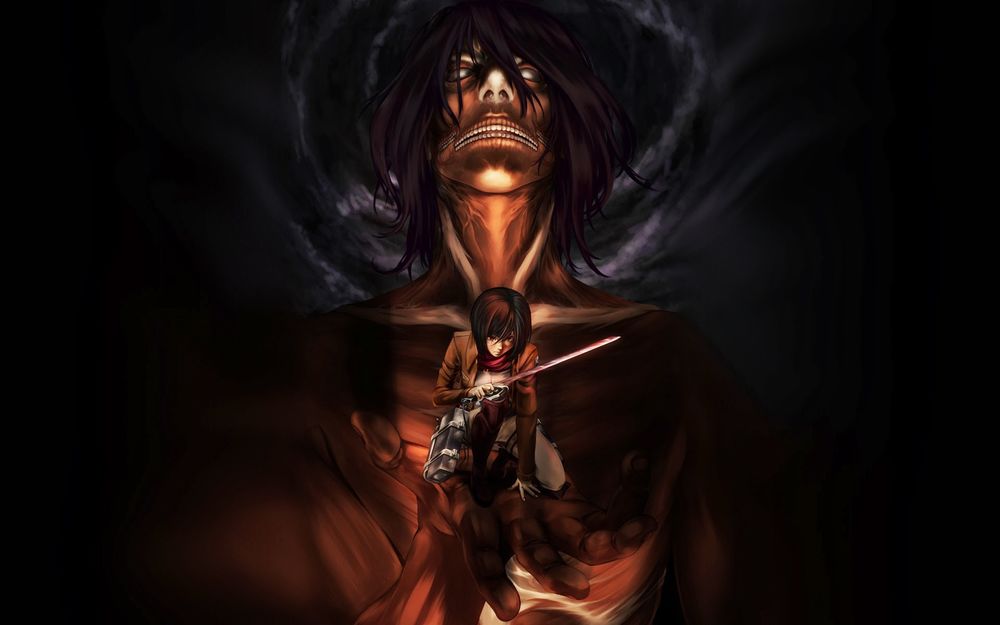 Обои для рабочего стола Eren Yeager / Эрен Егер в форме титана и Mikasa Ackerman / Микаса Аккерман в темноте из аниме Атака Титана / Attack on Titan / Shingeki no Kyojin