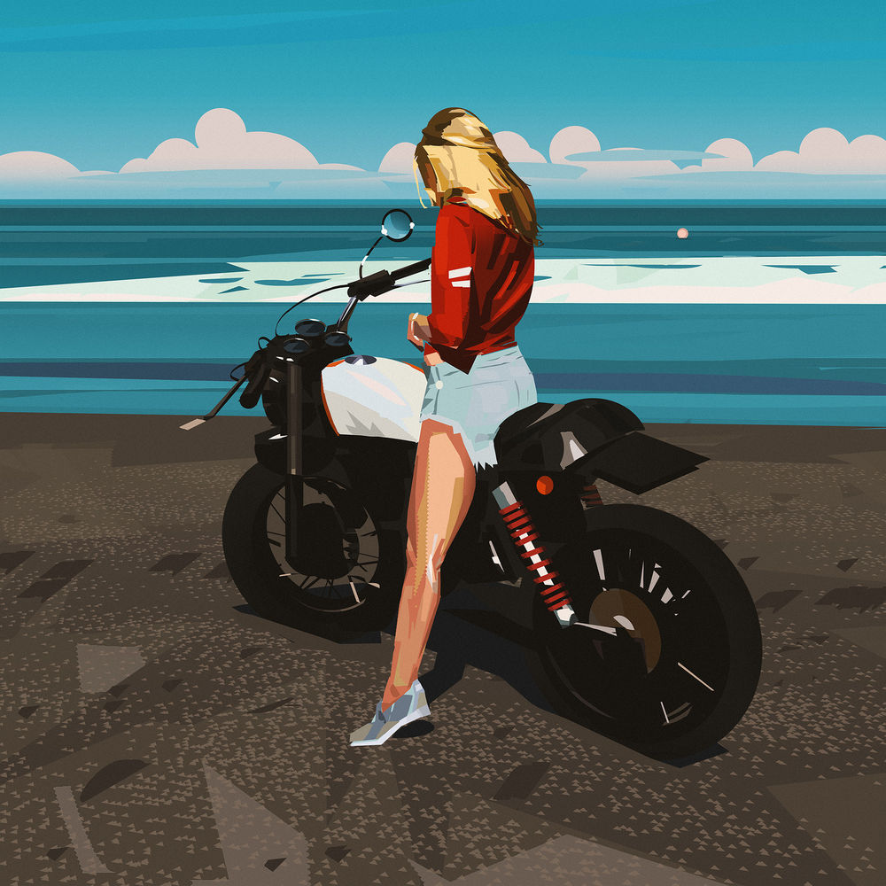 Обои для рабочего стола Девушка - блондинка на мотоцикле стоит на фоне моря, by Yun Ling