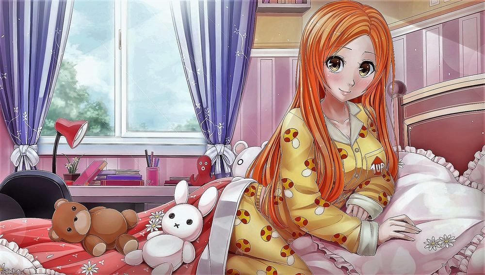 Обои для рабочего стола Orihime Inoue / Орихиме Иноуэ лежит на кровати в пижаме арт аниме Bleach / Блич