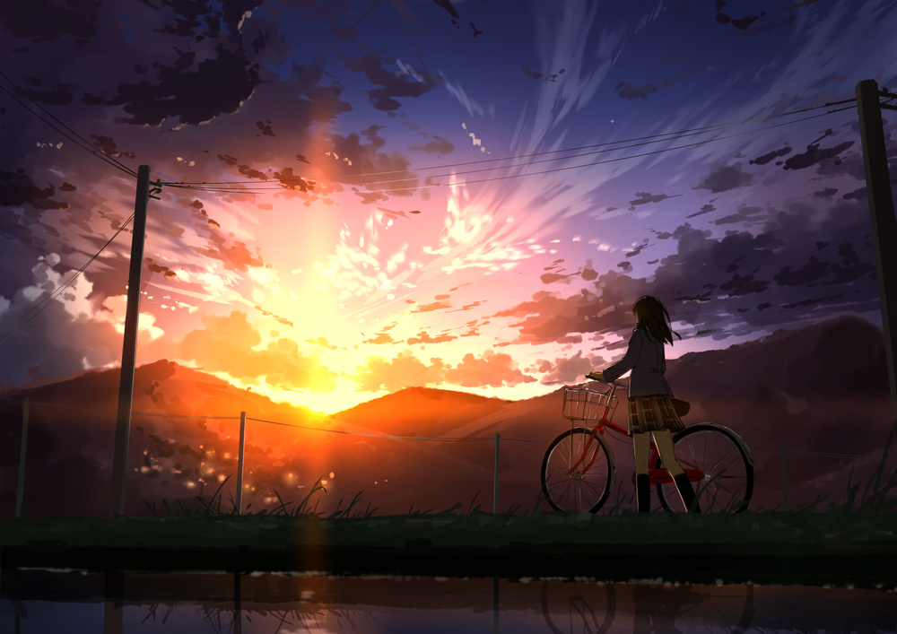 Обои для рабочего стола Девушка с велосипедом идет вдоль рисовых полей на фоне заката, by Mamigo