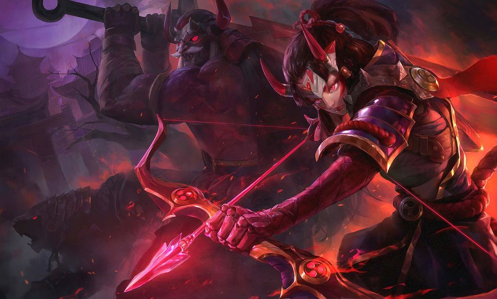 Обои для рабочего стола Blood Moon Ashe / Кровавая Луна Эш, арт к игре League of Legends / Лига Легенд, by Linger FTC
