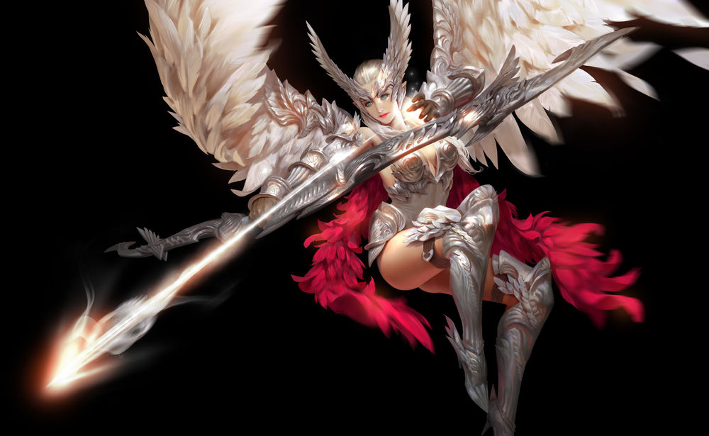 Обои для рабочего стола Ангел-воительница с небесным луком из игры Era of angels / Эра ангелов, by WenJie Ge