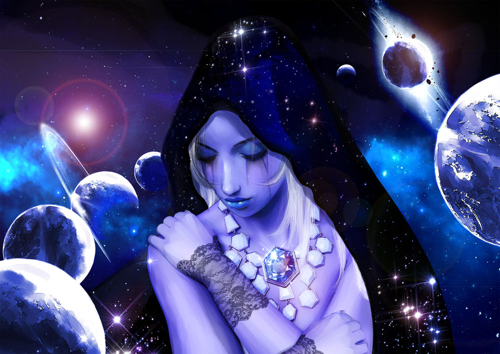 Обои для рабочего стола Девушка Blue Diamond / Голубой Алмаз на фоне планет в космосе из сериала Steven Universe / Вселенная Стивена, by Ringo Applegreed
