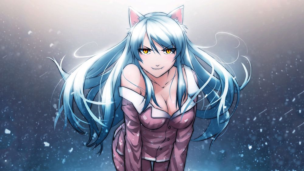 Обои для рабочего стола Tsubasa Hanekawa / Цубаса Ханэкава в пижаме на фоне падающего снега из аниме Bakemonogatari / Истории монстров