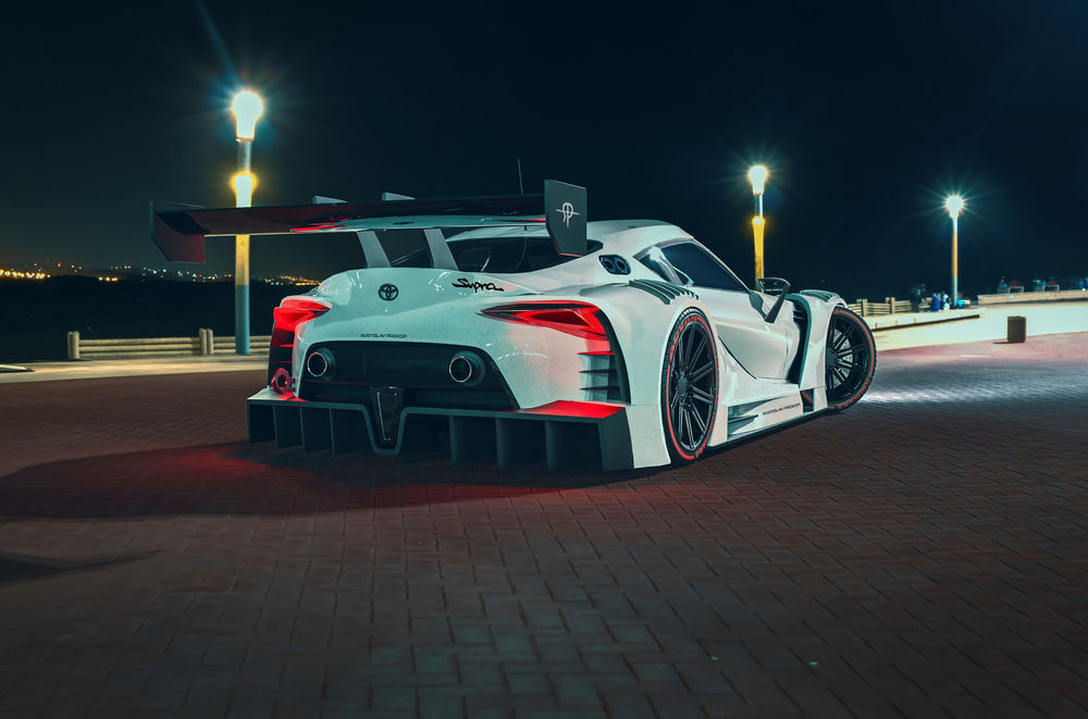 Обои для рабочего стола Бело-черный спортивный автомобиль Toyota Supra 2018 на окраине ночного города, by Rostislav Prokop