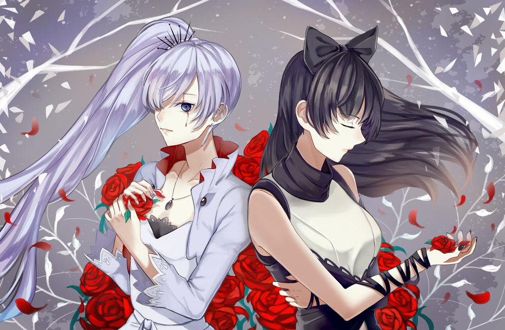 Обои для рабочего стола Weiss Schnee / Вайс Шни и Blake Belladonna / Блейк Белладонна из аниме RWBY / Красный, Белый, Черный, Желтый