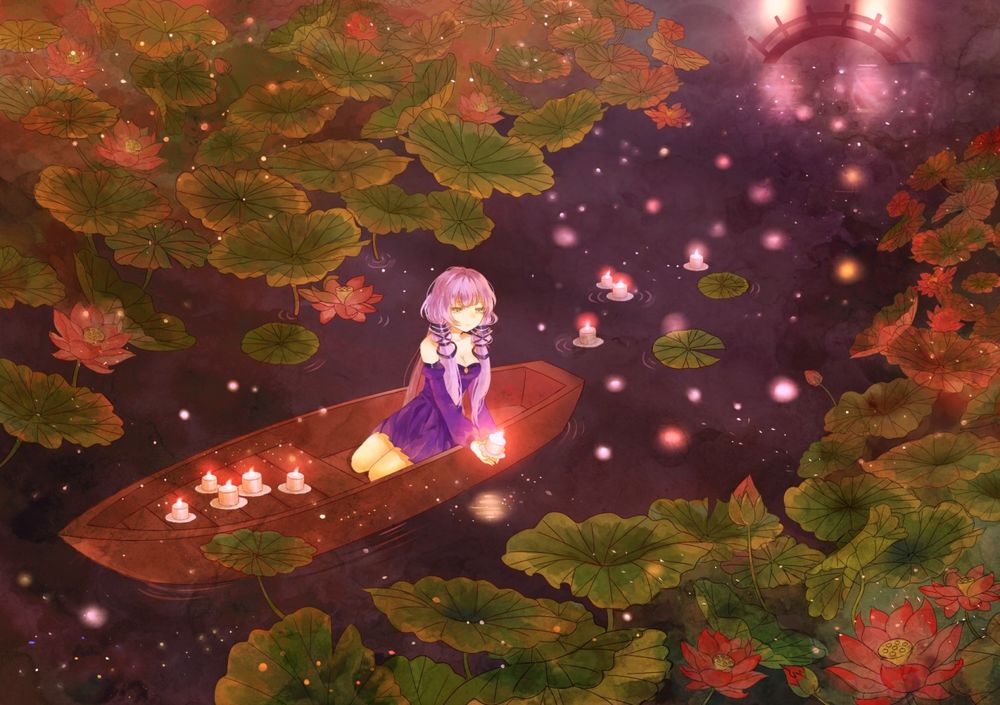 Обои для рабочего стола Vocaloid Xingchen / Вокалоид Ксинг Чен (Stardust) плывет в лодке по реке