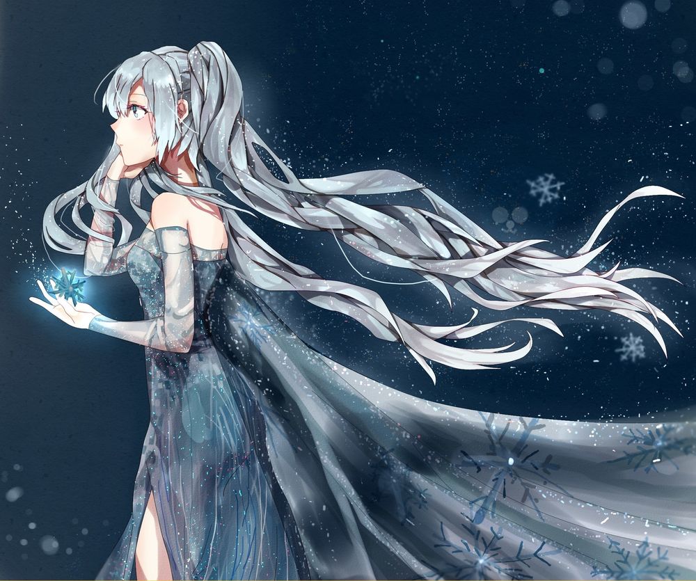 Обои для рабочего стола Vocaloid Hatsune Miku / Вокалоид Хатсуне Мику с большой снежинкой в руке