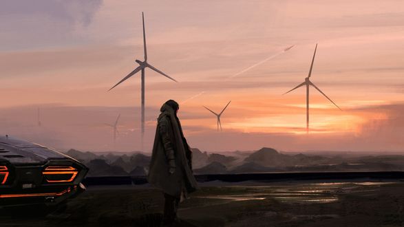 Обои на рабочий стол Девушка стоит на фоне ветряков, by Swang