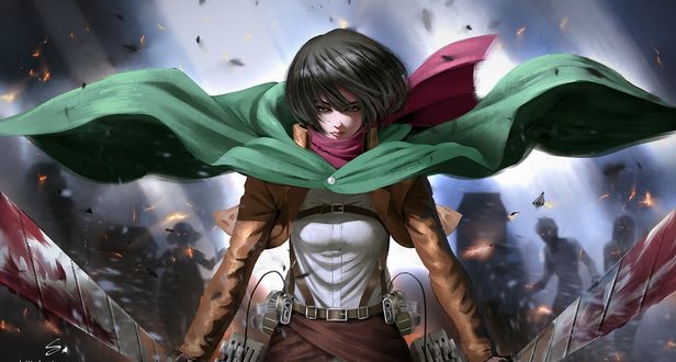 Обои на рабочий стол Mikasa Ackerman / Микаса Аккерман с окровавленными клинками на фоне толпы титанов из аниме Атака Титана / Attack on Titan / Shingeki no Kyojin