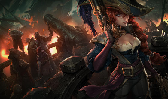 Обои на рабочий стол Miss Fortune / Мисс Фортуна, арт к игре League of Legends / Лига Легенд, by Jason Chan