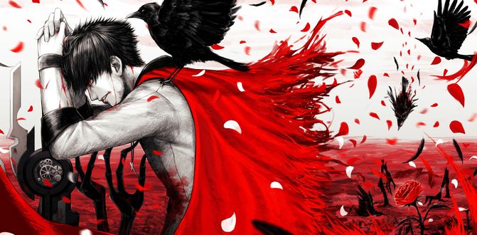 Обои на рабочий стол Qrow Branwen / Кроу Бранвен арт персонажа из аниме RWBY / Красный, Белый, Черный, Желтый