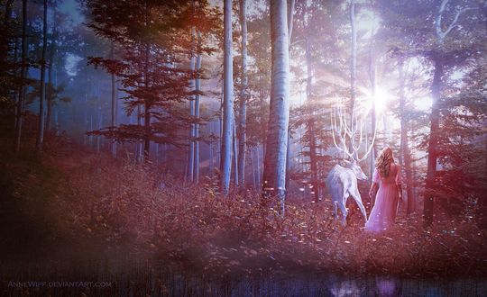 Обои на рабочий стол Девушка с белым оленем в лесу, by annewipf