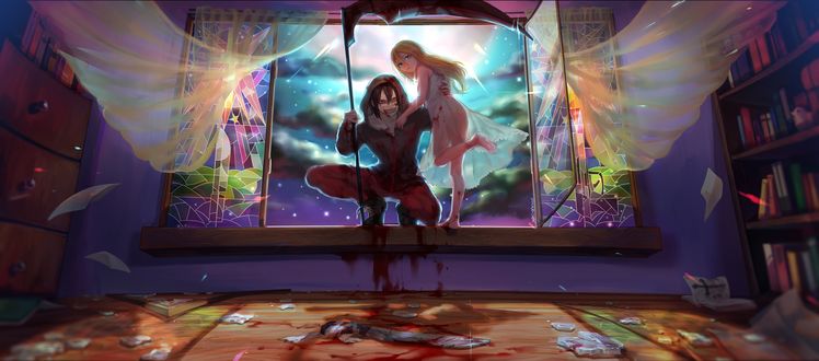 Обои на рабочий стол Рэйчел Гарднер / Rachel Gardner и Айзек Фостер / Isaac Foster на подоконнике открытого окна в темной комнате из аниме Ангел кровопролития / Satsuriku no Tenshi