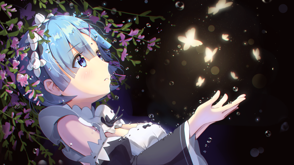 Обои на рабочий стол Rem / Рем смотрит на светящихся во тьме бабочек аниме Re: Zero kara Hajimeru Isekai Seikatsu / Re: Жизнь в альтернативном мире с нуля