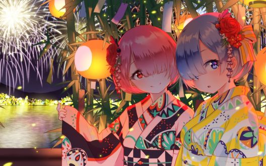 Обои на рабочий стол Ram / Рам и Rem / Рем арт аниме Re: Zero kara Hajimeru Isekai Seikatsu / Re: Жизнь в альтернативном мире с нуля