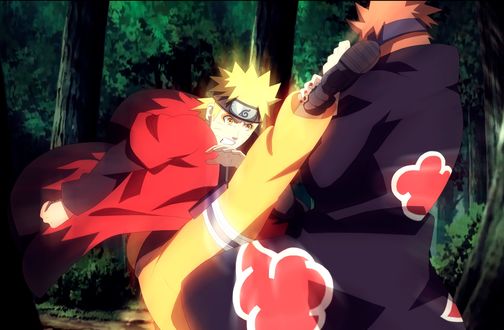 Обои на рабочий стол Naruto Uzumaki / Наруто Узумаки и Пейн / Pain дерутся в лесу из аниме Наруто: Ураганные хроники / Naruto: Shippuuden