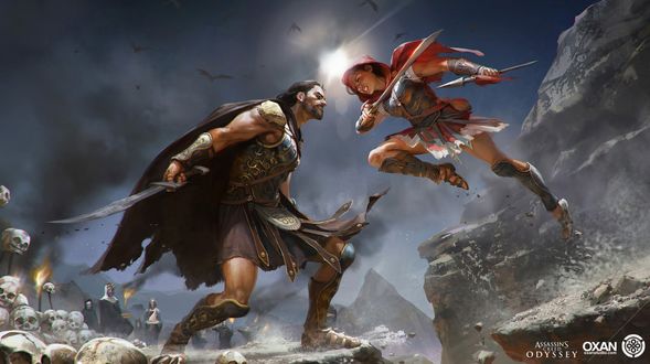 Обои на рабочий стол Поединок между героями игры Assassin’s Creed Odyssey / Кредо Убийцы Одиссея, by Lian Li & OXAN