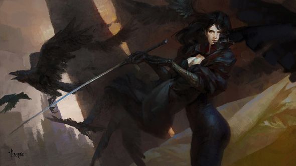 Обои на рабочий стол Девушка с катаной стоит среди летящих воронов, by Bayard Wu