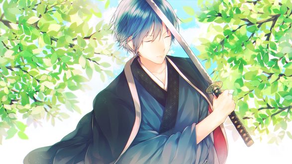 Обои на рабочий стол Vocaloid Kaito Shion / Вокалоид Кайто Шион с закрытыми глазами держит в руке катану на фоне весенней листвы