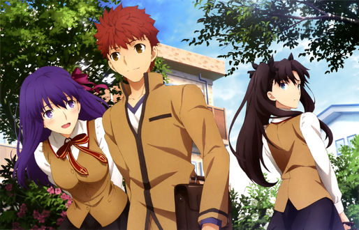 Обои на рабочий стол Matou Sakura / Мато Сакура, Emiya Shirou / Эмия Широ, Rin Tohsaka / Рин Тосака из аниме Fate: Stay Night: Heavens Feel / Судьба: Ночь Схватки: Прикосновение Небес