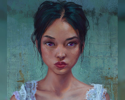 Обои на рабочий стол Девушка с фиолетово-розовыми глазами, by Mandy Jurgens
