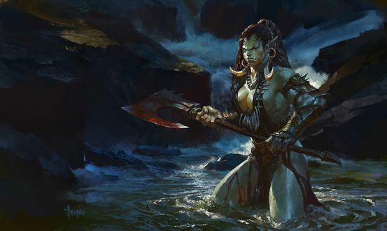 Обои на рабочий стол Last Stand / Последняя битва королевы орков, стоящей в воде с топором в руках, by Bayard Wu