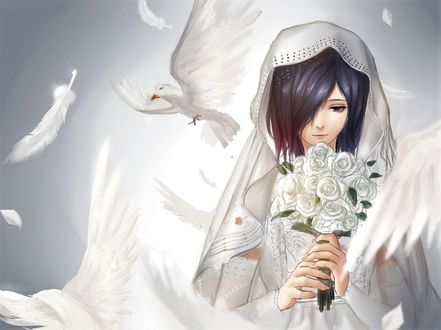 Обои на рабочий стол Kirishima Touka / Киришима Тока в свадебном платье держит букет белых роз в руках, арт аниме Tokyo Ghoul / Токийский Гуль
